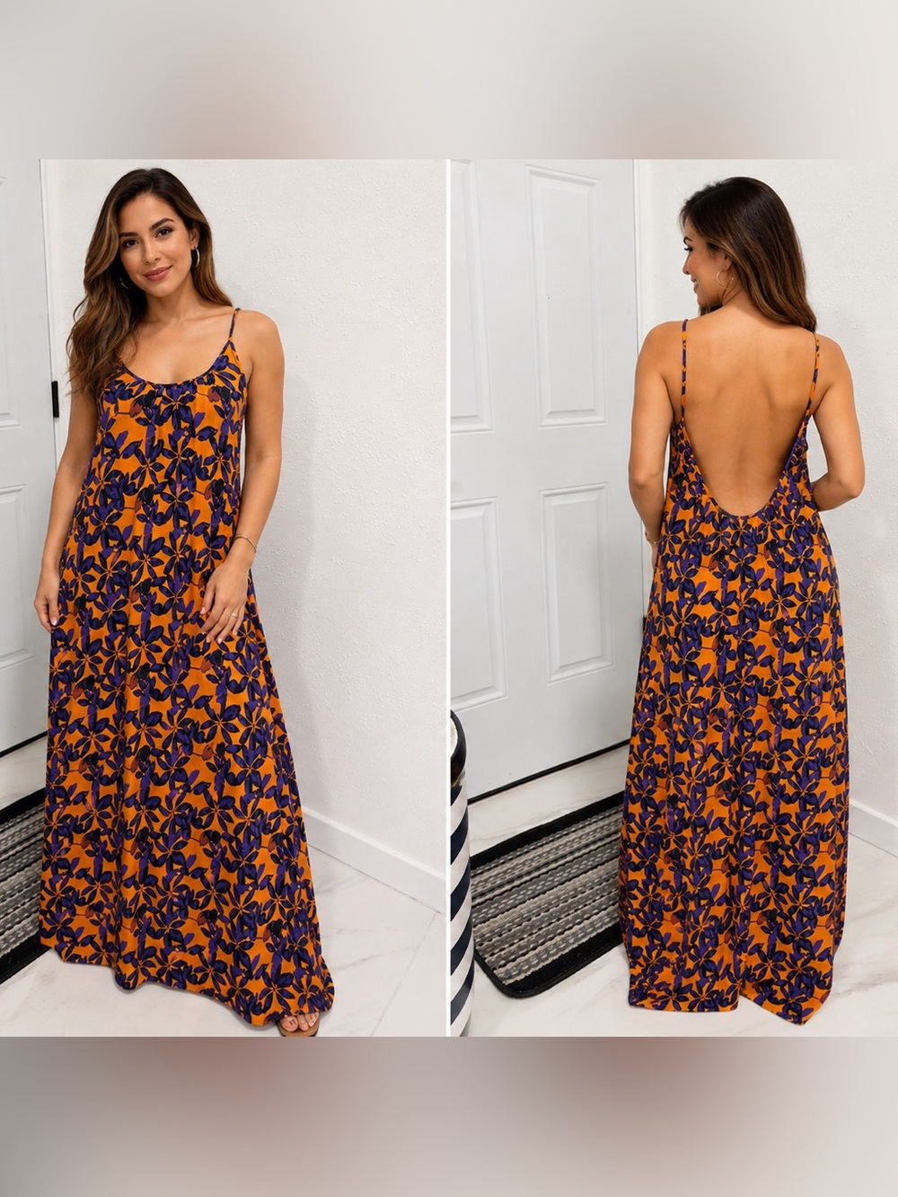 PrettyLittleThing Orange Floral Backless Spaghetti Strap Maxi Dress 4